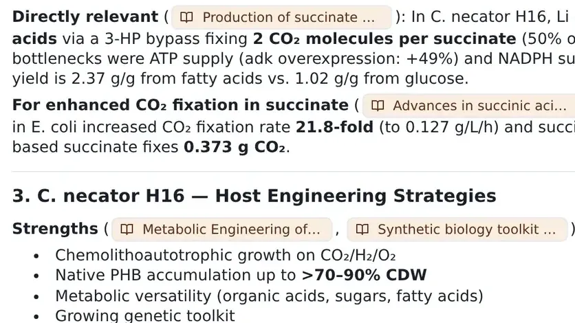 A Biocompile answer about CO2 fixation with each claim linked back to the paper it came from