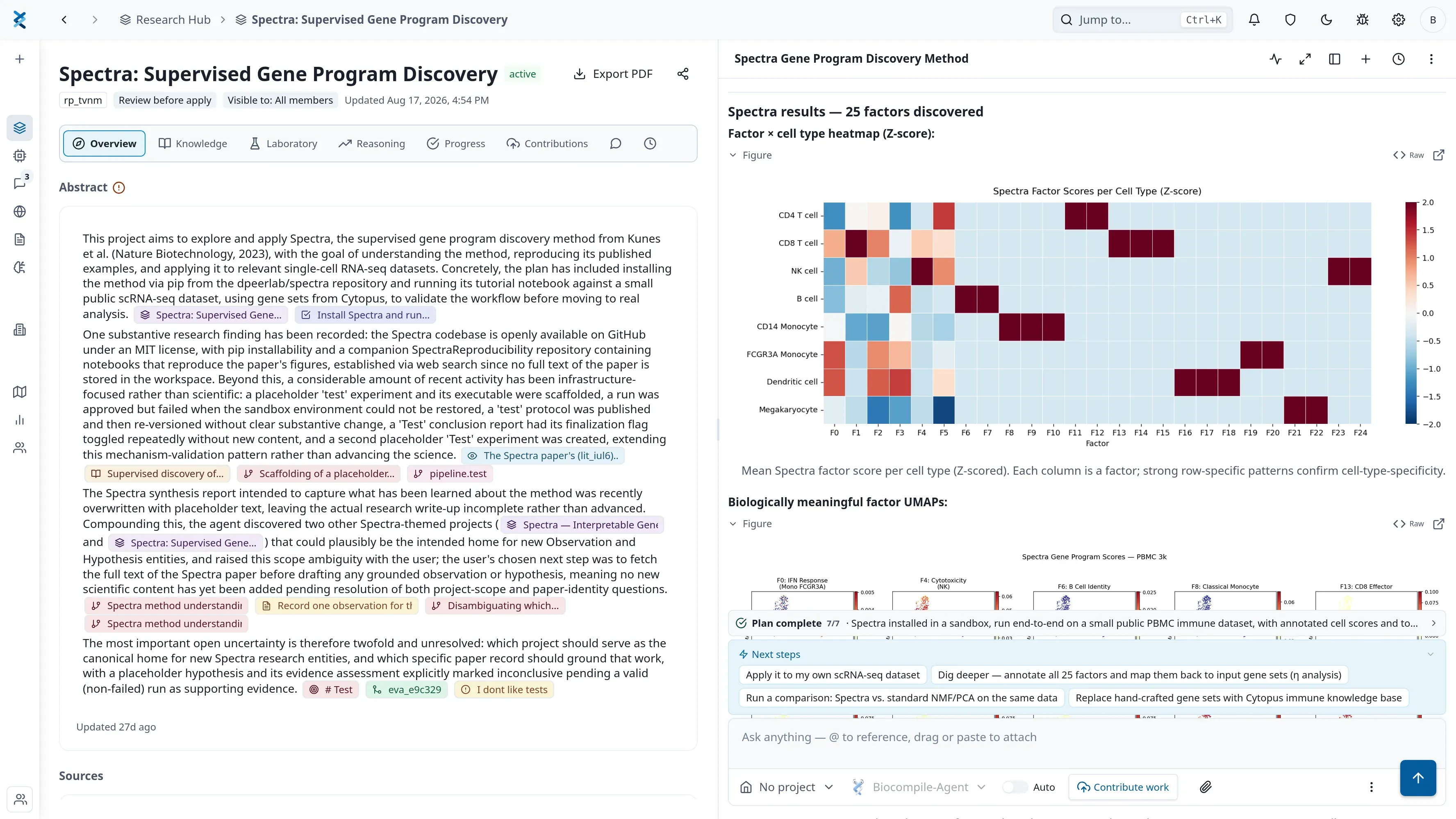 Ein Biocompile-Projekt zu Supervised Gene Program Discovery, oben die Reiter Overview, Knowledge, Reasoning, Progress und Laboratory, darunter eine Übersicht über das Projekt und die Quellen dahinter, jede mit eigener Referenz.